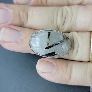 925 Silver Plated Black Rutile Gemstone Natural Crystal Ring Size US 8 Unisex